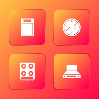 Kesme tahtası, gaz sobası ve mutfak sökücü fan simgesini ayarla. Vektör.