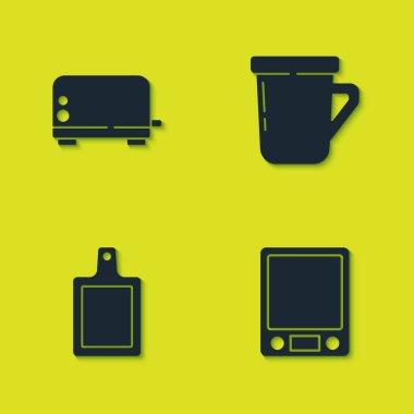 Tost makinesi, elektronik teraziler, kesme tahtası ve kahve fincanı ikonu. Vektör.