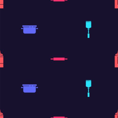 Spatula, pişirme kabı, merdane ve sos şişesini pürüzsüz bir kalıba sokun. Vektör.