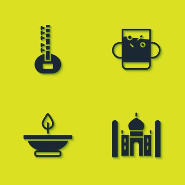 Set Sitar, Taj Mahal, Aroma lambası ve bir fincan çay ve yaprak ikonu. Vektör.