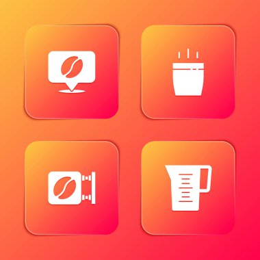 Yeri kahve çekirdeği, kahve fincanı, sokak tabelası ve sürahi cam su ikonu ile belirleyin. Vektör.