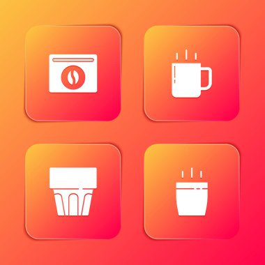 Kahve çekirdekleri, kahve fincanı, su ve ikon dolu bardaklar. Vektör.