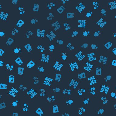 Bisiklet, Notre Dame, üzümlü meyve ve kruvasan paketini kusursuz desenlere göre ayarla. Vektör.