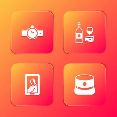 Bilek saati, peynirli şarap şişesi, Portre müzesi ve Kepi ikonu. Vektör.