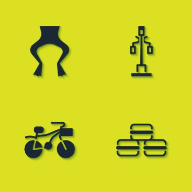Kurbağa bacağı, makarna kurabiyesi, bisiklet ve sokak lambası ikonu. Vektör.