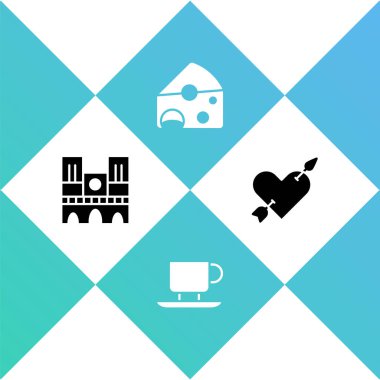 Notre Dame, kahve fincanı, peynir ve ok ikonlu amour hazırla. Vektör.