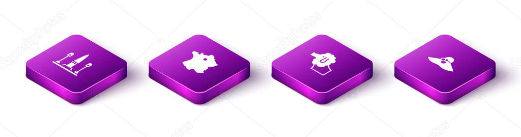 Set Isometric Place De La Concorde, Map of France, Poodle dog and Elegant women hat icon. Vector.