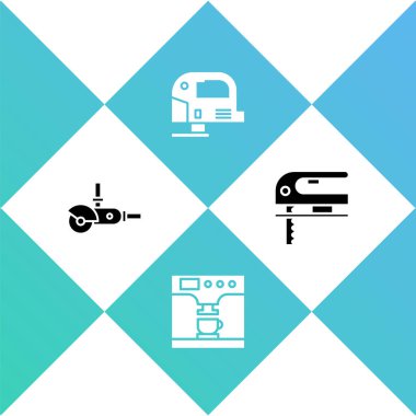 Açı öğütücü, kahve makinesi ve bardak, elektrikli yapboz ve ikon hazırla. Vektör.