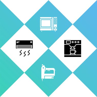 Klima ayarlayın, elektrikli inşaat zımbası, mikrodalga fırın, kahve makinesi ve bardak ikonu. Vektör.