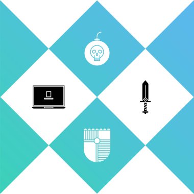 Dizüstü bilgisayar, oyun için kalkan, patlamaya hazır bomba ve kılıç simgesi. Vektör.