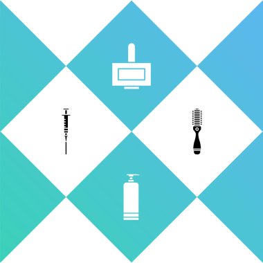 Şırıngayı, krem kozmetik tüpünü, tırnak cilası şişesini ve saç fırçası ikonunu hazırla. Vektör.