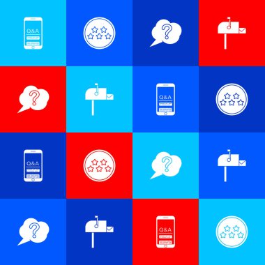 Mobil Soru ve Ünlem 'i, beş yıldızlı değerlendirme, konuşma balonu ve açık posta kutusu simgesini ayarla. Vektör.