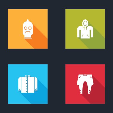 Kar maskesi, kapüşon, tişört ve pantolon ikonunu hazırla. Vektör.