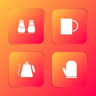 Tuz ve biber, kahve fincanı, saplı kettle ve fırın eldiveni ikonu. Vektör.