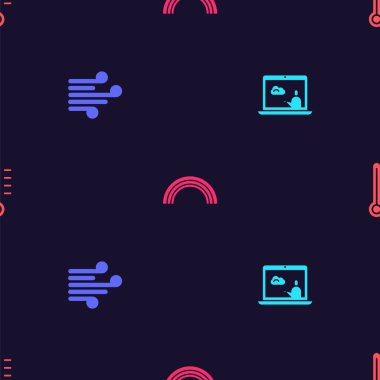 Hava tahminini, Rüzgâr, Gökkuşağı ve Meteoroloji termometresini kusursuz desen üzerine ayarla. Vektör.