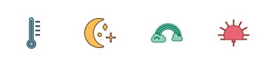 Meteoroloji termometresini, Ay 'ı ve yıldızları, Bulutlu Gökkuşağını ve Gündoğumu ikonunu ayarla. Vektör.