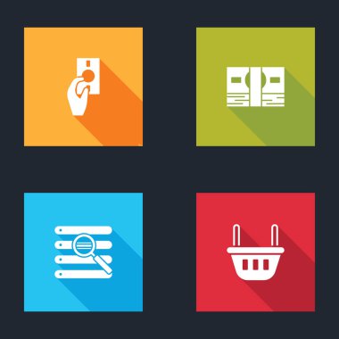 El ele tutuşan parayı, kağıt yığınını, arama penceresini ve alışveriş sepeti simgesini ayarla. Vektör.