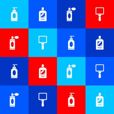 Krem ya da losyon kozmetik tüpü, bir şişe şampuan, atomlu tıraş losyonu şişesi ve el aynası ikonu. Vektör.