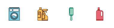 Çamaşır makinesini, temizlik malzemesi şişelerini, yapışkan silindiri ve yumuşatıcı simgesini ayarla. Vektör.