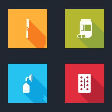 Testere, ilaç şişesi, haplar, oksijen maskesi ve ilaç şişesi ikonu. Vektör.