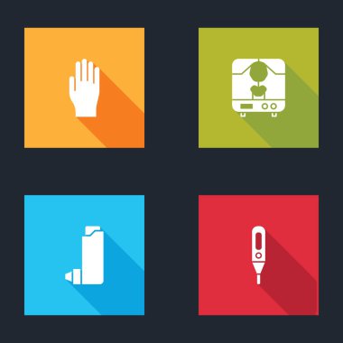 Tıbbi lastik eldivenleri, röntgen cihazını, astım spreyini ve dijital termometre ikonunu hazırlayın. Vektör.