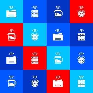 Akıllı yazıcı, sunucu, elektrikli su ısıtıcısı ve robot elektrikli süpürge ikonu ayarla. Vektör.