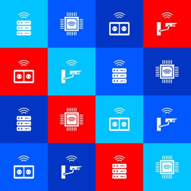 Akıllı sunucu, mikro devreli işlemci, elektrik prizi ve güvenlik kamerası simgesini ayarla. Vektör.