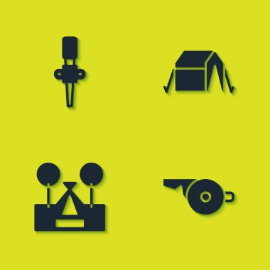 Meşale, Düdük, Turist çadırı ve ikonu ateşe verin. Vektör.