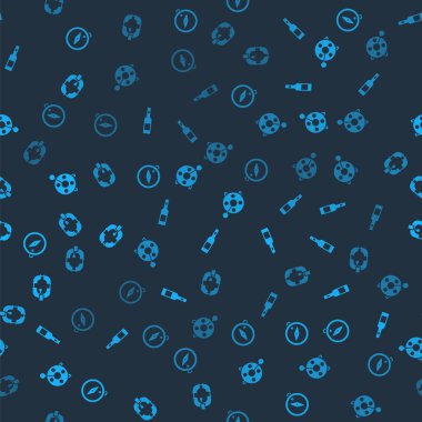 Pusula, votka şişesi, balık tutmak için dönen makara ve pürüzsüz desenli şişme tekne. Vektör.