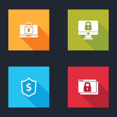 Dizüstü bilgisayarı ayarla ve kilitle, bilgisayar monitörüne kilitle, dolarla kalkanı aç ve siteni koru, HTTPS, SSL simgesi. Vektör.