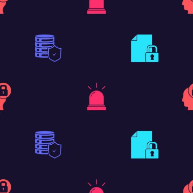 Belge ve kilidi ayarlayın, sunucuyu kalkan, hareket sensörü ve insan başını kusursuz desene ayarlayın. Vektör.