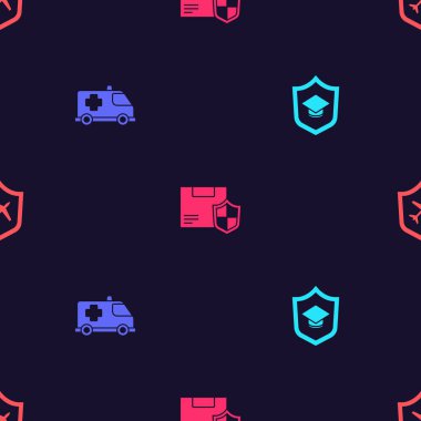 Mezuniyet şapkasını kalkan, acil durum arabası, teslimat güvenliği ve uçak sorunsuz bir şekilde ayarlayın. Vektör.