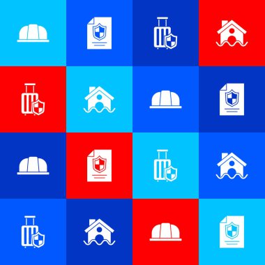 İşçi kaskını, kalkanlı sözleşmeyi seyahat valizini ve evi sel ikonunu hazırla. Vektör.