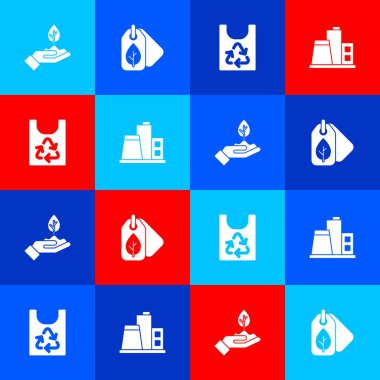 Elinde bitki, yapraklı etiket, plastik poşet geri dönüşümü ve Fabrika ikonu olsun. Vektör.