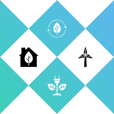 Çevre dostu ev, yaprak, Geri Dönüşüm ve Rüzgar türbini ikonunda elektrik tasarrufu prizi ayarlayın. Vektör.