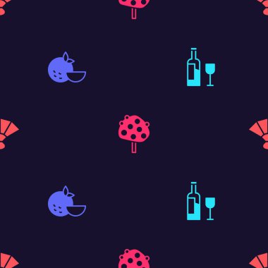 Şarap şişesine cam, portakal suyu, ağaç ve yelpaze flamenko koyun. Vektör.