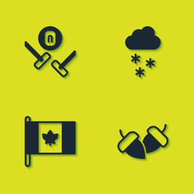 Kıvırcık spor oyunu, meşe palamudu, Kanada Bayrağı ve kar ikonlu Bulut. Vektör.