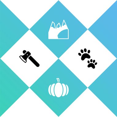 Tahta baltayı, balkabağını, dağları ve Paw baskı ikonunu hazırlayın. Vektör.