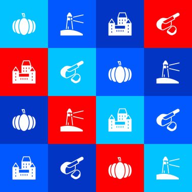 Balkabağı, Deniz feneri, Chateau Frontenac oteli ve Peameal pastırması ikonu. Vektör.