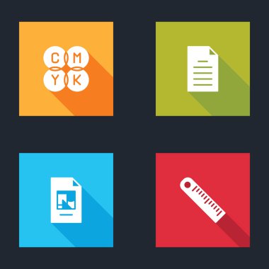 CMYK renk karıştırma, Dosya belgesi ve Cetvel simgesini ayarla. Vektör.