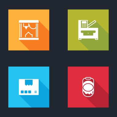 3D yazıcı, fotokopi makinesi, karton kutu ve boya kovası simgesini ayarla. Vektör.