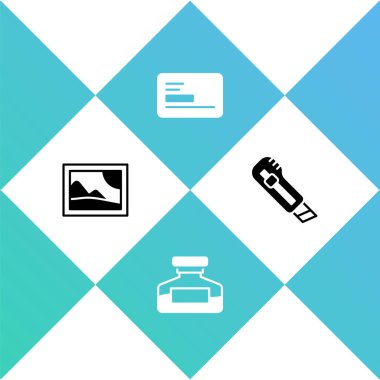 Resim manzarası, mürekkep şişesi, kartvizit ve kırtasiye bıçağı ikonu. Vektör.