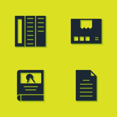 Brochure, File dökümanı, Photo albüm galerisi ve Carton karton kutu simgesi ayarla. Vektör.