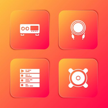 Gitar yükselticiyi, ses krikosunu, müzik çalma listesini ve Stereo hoparlör simgesini ayarla. Vektör.