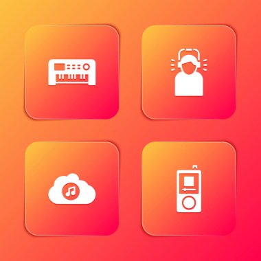 Müzik sentezleyicisi, kulaklıklı adam, yayın servisi ve oyuncu simgesi ayarla. Vektör.