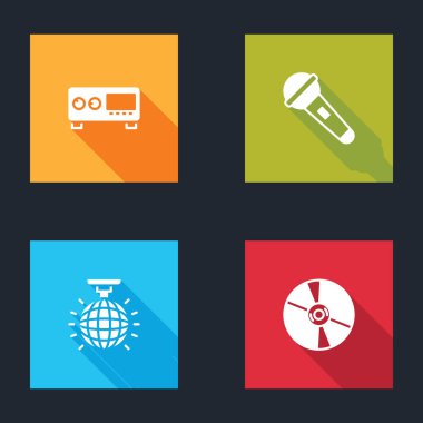 Gitar yükselteci, mikrofon, disko topu ve CD veya DVD disk simgesini ayarla. Vektör.