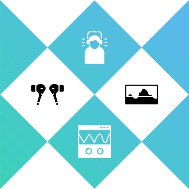 Hava kulaklıkları, osiloskop, adam içeri ve müzik dalga eşitleyici ikonu. Vektör.