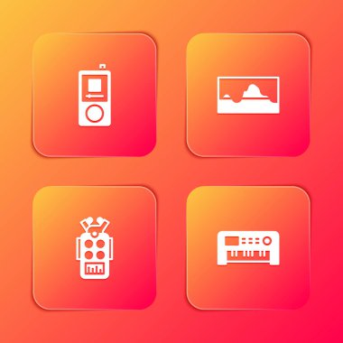 Müzik çalar, dalga eşitleyicisi, mikrofon ve sentezleyici simgesi ayarla. Vektör.