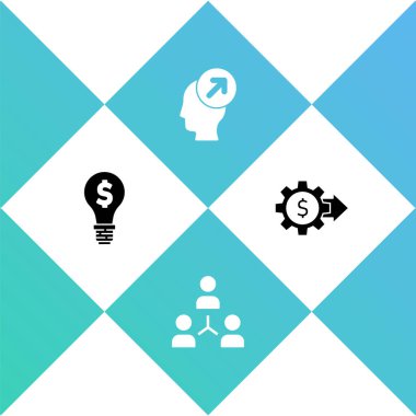 Dolarlı ampul, Proje ekibi üssü, kafa avlama konsepti ve dişli ikonu. Vektör.