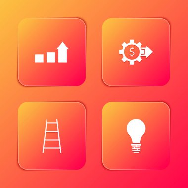 Finansal büyümeyi ayarla, dolarlı Gear, merdiven bitiş bayrağı ve fikir ikonu ampulü kavramını hazırla. Vektör.